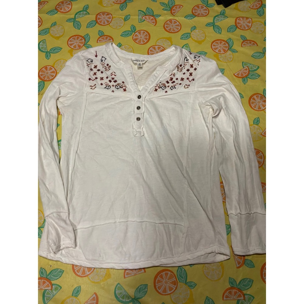 Boho Womens Lucky & Coco Embroidered Henley Top‎ M White Long Sleeve